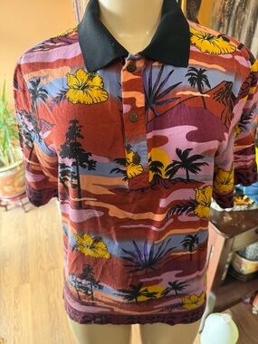 ALOHAS Tropical Print Polo‎ in Rust, Purple, Yellow & Black